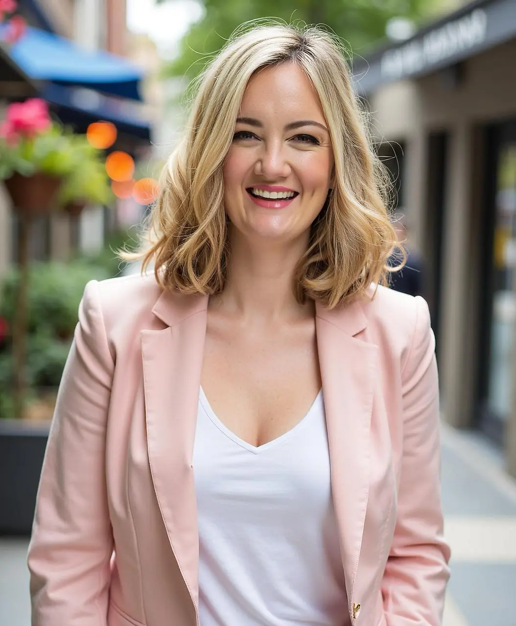 Picture of Jaimie Sarah, brand strategist and deep structure mindset coach, wearing a light pink blazer. Smiling and standing in front of a shopping and restaurant area near Covent Garden in London.