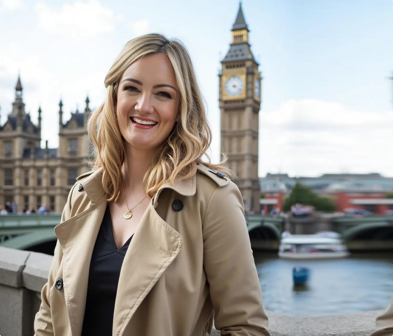 Jaimie Sarah standing in London with Big Ben's clock tower in the background.
